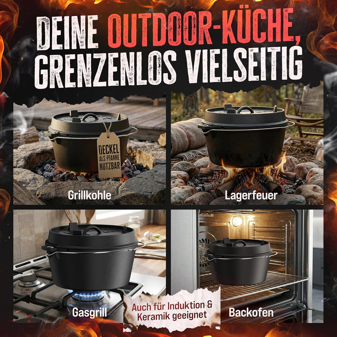 AMZBBQ® Premium Dutch Oven – Doppelt Eingebrannter Gusseisen Feuertopf – Rostbeständiger Schmortopf