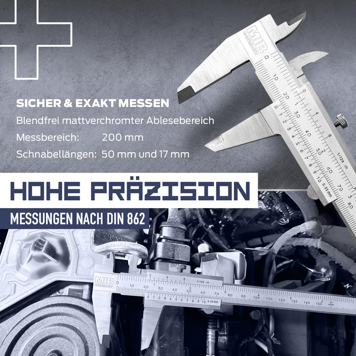 MIB Messschieber mit Feststellschraube DIN 862 200mm | Schieblehre rostfreier Stahl | Analog Messsch