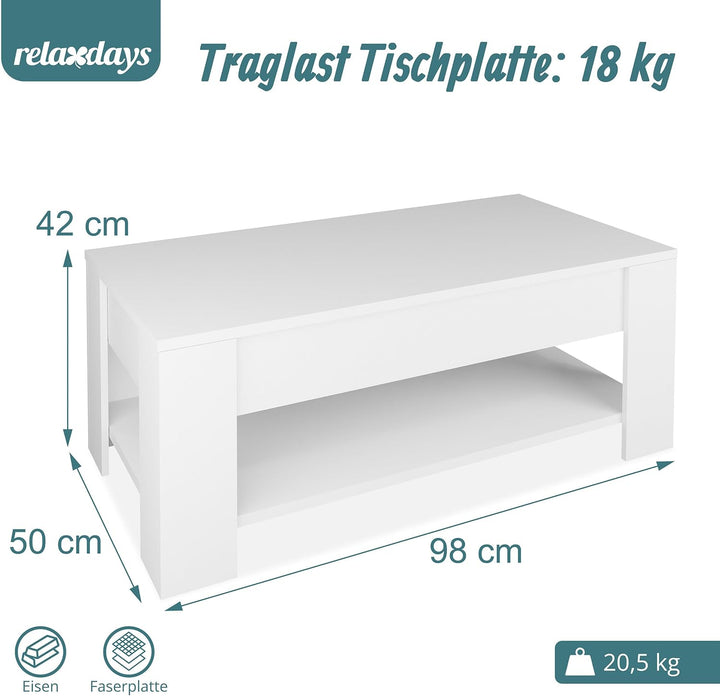 Relaxdays Couchtisch aufklappbar, HBT: 42x98x50 cm, Wohnzimmertisch mit Stauraum, zusätzliche Ablage