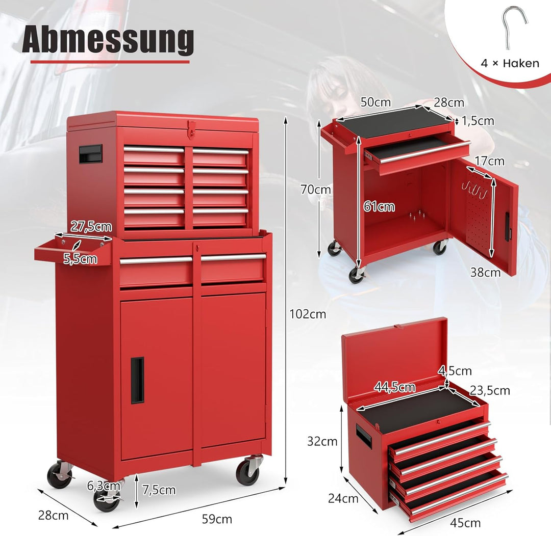 GYMAX Werkstattwagen mit 5 Schubladen, 2 in 1 Werkzeugschrank mit Haken, verstellbarem Regal & Unive