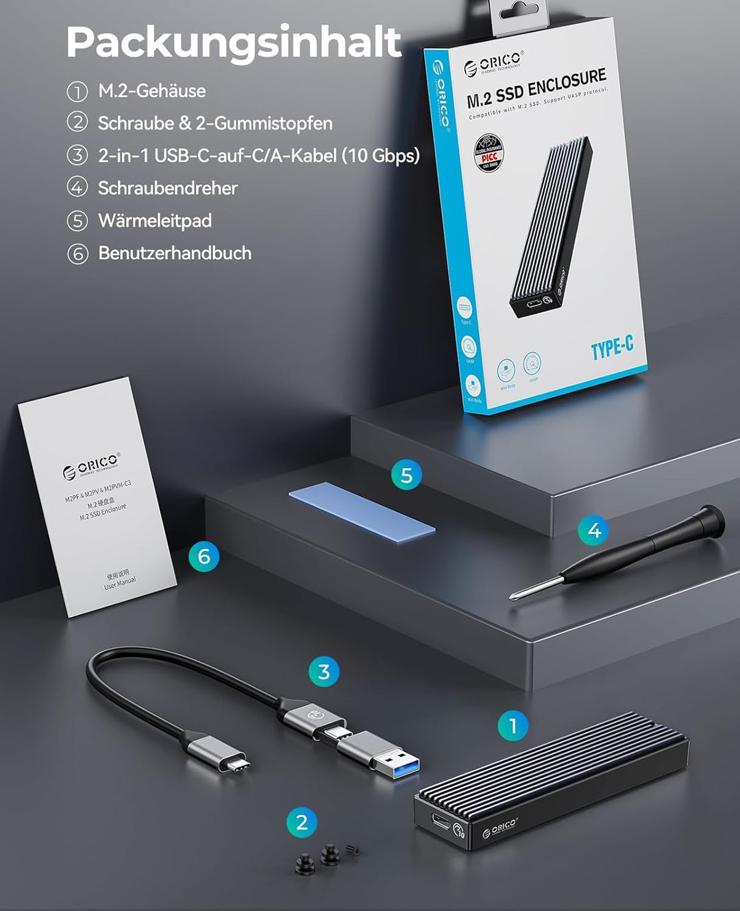 ORICO M.2 NVMe SSD Gehäuse USB-C Adapter 10Gbps USB3.2/ USB3.1 Gen2 für PCIe NVMe M-Key/M+B Key SSD,