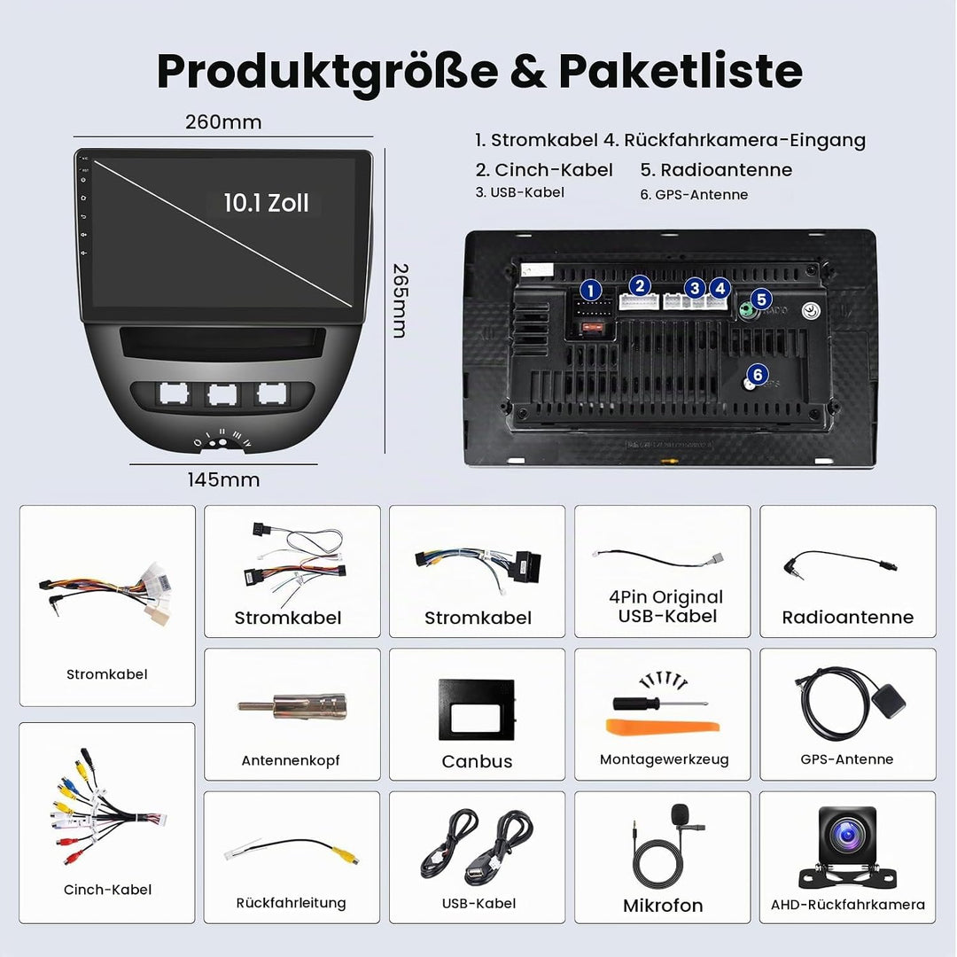 Hikity 2+64G Android 15 Autoradio für Toyota Aygo/Peugeot 107/ Citroen C1 2005-2014 Radio Wireless C