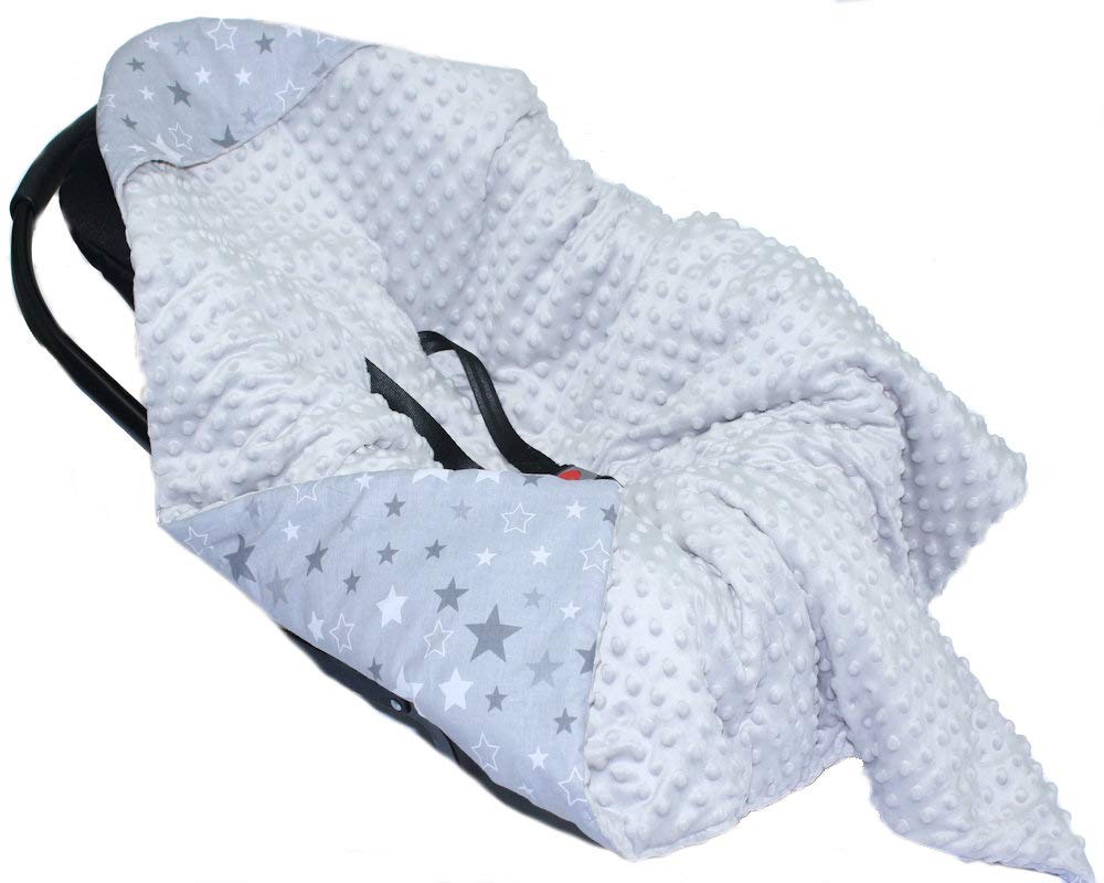 Baby Einschlagdecke MINKY - STAR - mit Kapuze 90x90 cm Babyschale Decke (Star DUNKEL + GRAU), Star D