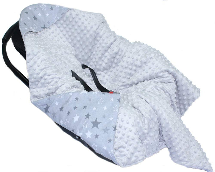 Baby Einschlagdecke MINKY - STAR - mit Kapuze 90x90 cm Babyschale Decke (Star DUNKEL + GRAU), Star D