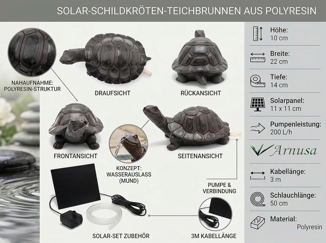 Wasserspeier Solar mit Pumpe – Teichfigur Schildkröte mit Solarpumpe &amp; Wasserspiel – Gartendeko aus