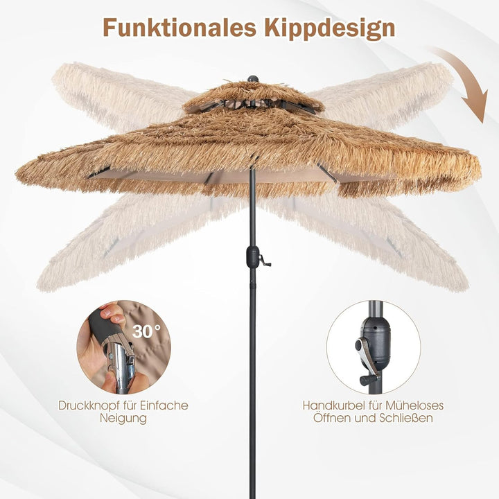 GOPLUS Sonnenschirm Hawaii, Ø 270 cm Sonnenschirm Stroh um 30° knickbar, Strandschirm mit Kurbel, St