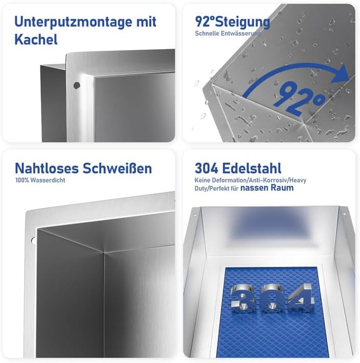 Bernkot Edelstahl-Duschnische 60 * 30 * 10 cm gebürstet, mit doppelten Regalen Keine Fliesen erforde