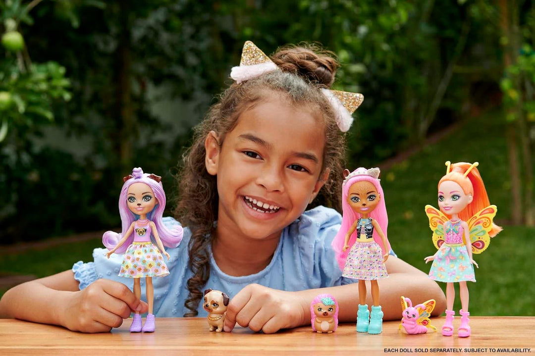 Enchantimals Puppen, City Tails Puppe Belisse Butterfly und Tierfreund Dart, Kleine Puppe mit abnehm