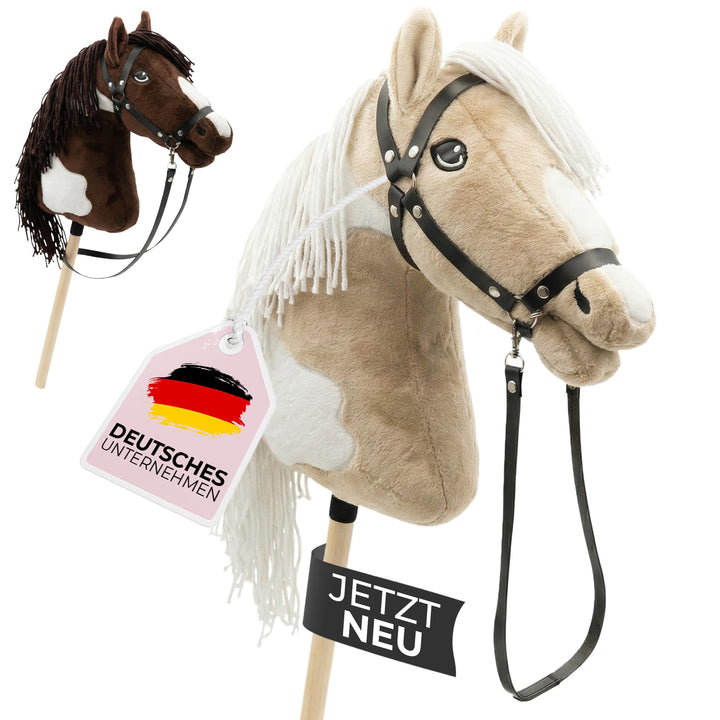 NATURTRIEB Steckenpferd mit Trense | Grosses Hobby Horse für Kinder | A3 | Schecke | mit Halfter & Z
