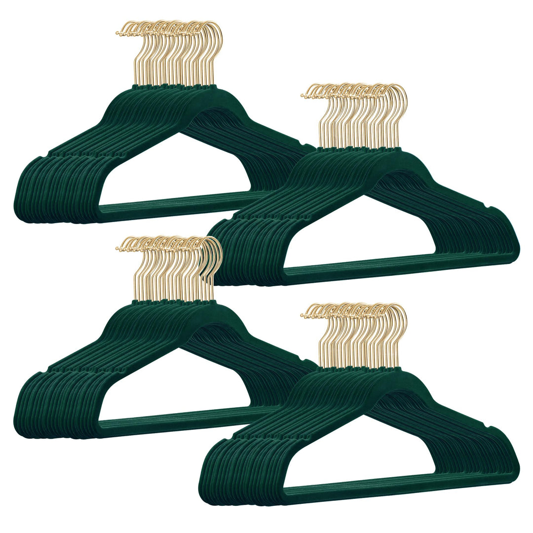 100er Set hochwertige Samt Kleiderbügel in der Farbe Dunkelgrün mit Gold Look Haken/Anti-Rutsch/von