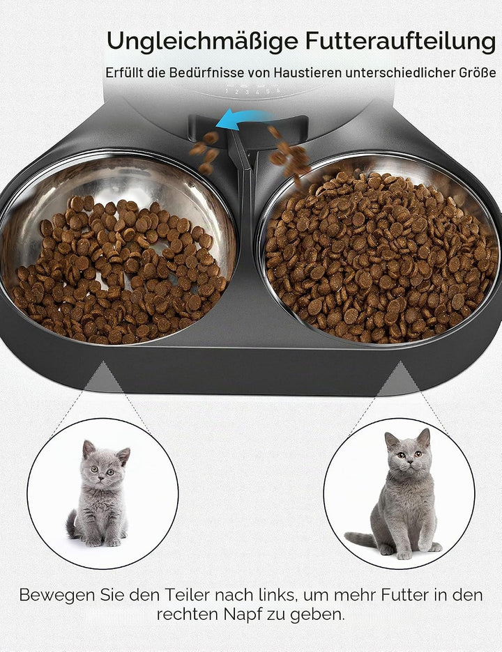 PETLIBRO Haustiernahrung Splitter mit Edelstahlnäpfen, Automatischer Katzenfutterspender für Zwei Ka