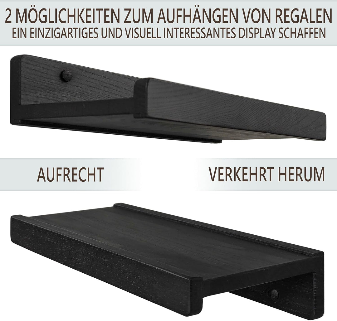 Handgearbeitet Wandregal Schwarz 30 cm, Regal Wand Holz 2er-Set, Hängeregal Wandhalterung Regalbrett