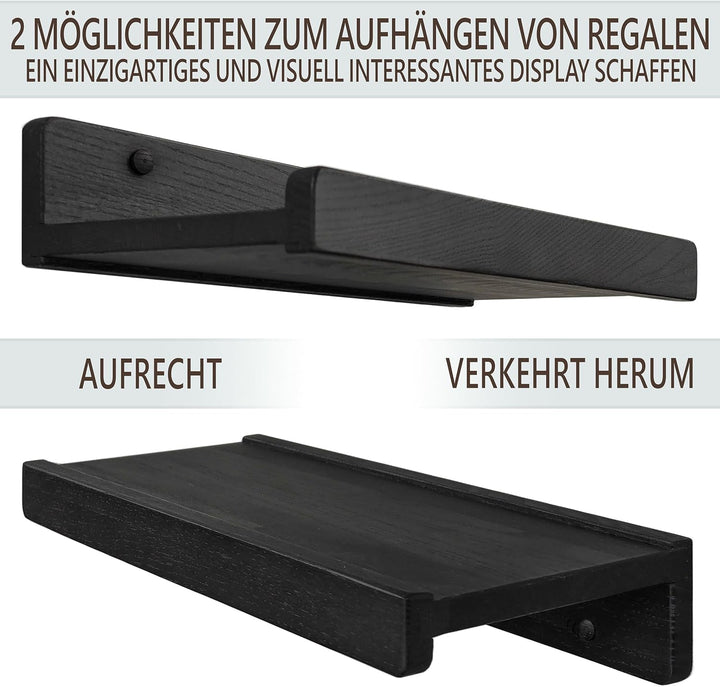 Handgearbeitet Wandregal Schwarz 30 cm, Regal Wand Holz 2er-Set, Hängeregal Wandhalterung Regalbrett
