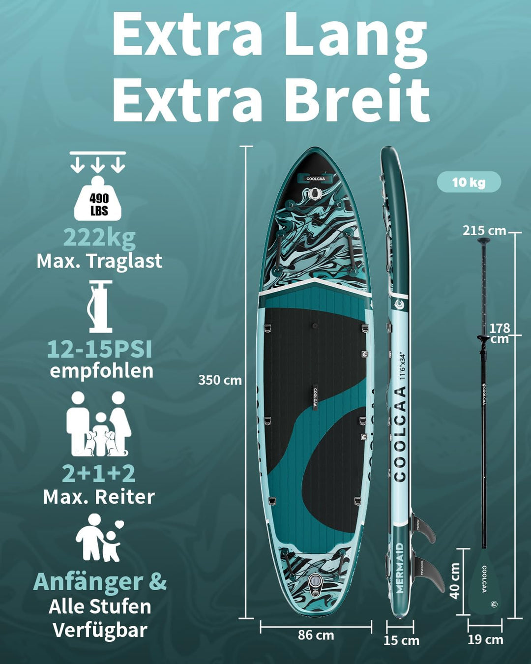 COOLCAA SUP Board, 355cm (Extra Gross) Stand Up Paddling Board, Aufblasbares Stand-Up Paddle Board m