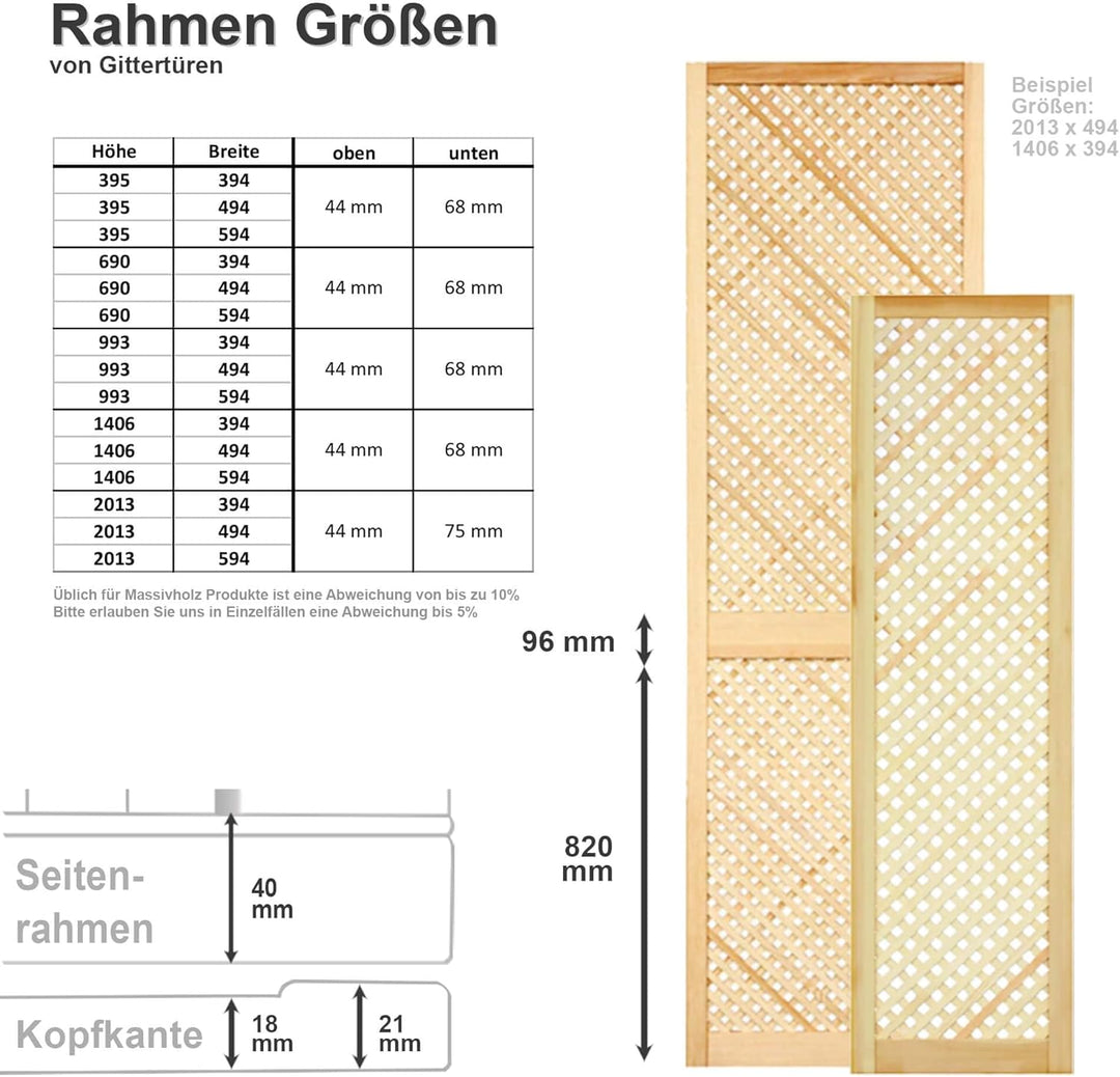 Gittertür Holztür natur 39,5 x 49,4 cm Schranktür Raumteiler Schiebetür für Regale, Schränke, Möbel
