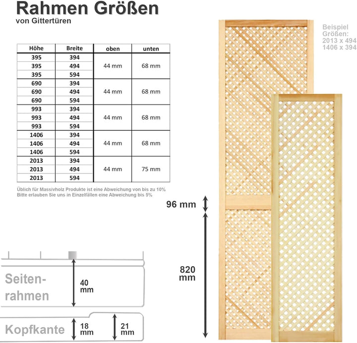 Gittertür Holztür natur 39,5 x 49,4 cm Schranktür Raumteiler Schiebetür für Regale, Schränke, Möbel