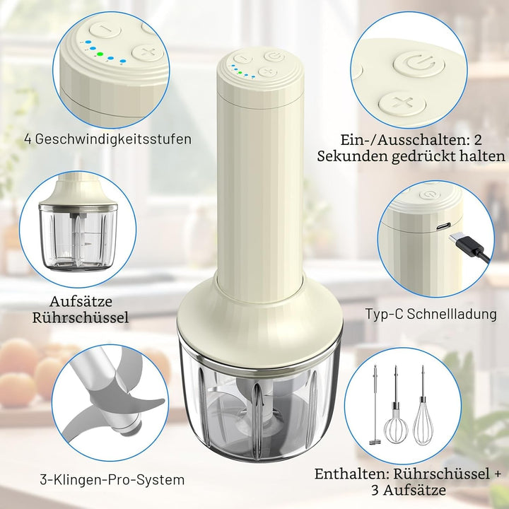 Akku-Handmixer MixgoII, Handmixer Elektrischer Schneebesen & Milchaufschäumer, Handmixer Mini Mixer,