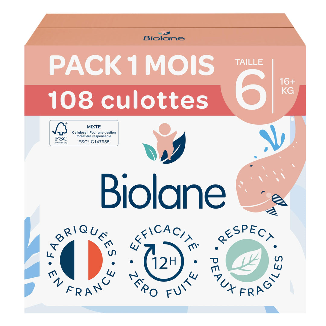 BIOLANE - Windelhöschen – Grösse 6 (16 + kg) – kein Auslaufen für 12 Stunden – Pack 1 Monate – 108 W