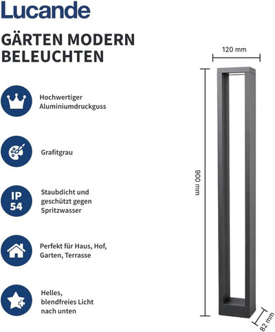 Lucande LED Wegeleuchte 90 cm, Aussenleuchte IP54, Pollerleuchte aussen 10W LED, Gartenlampe, Aussen