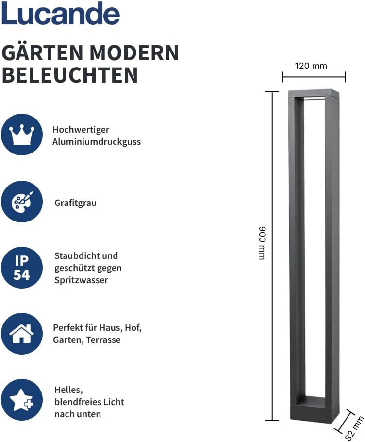 Lucande LED Wegeleuchte 90 cm, Aussenleuchte IP54, Pollerleuchte aussen 10W LED, Gartenlampe, Aussen