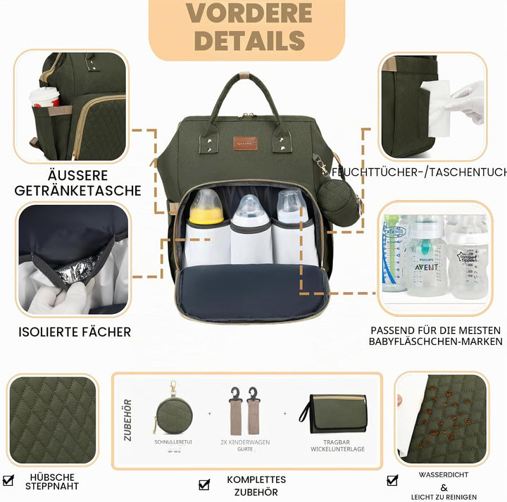 Wickelrucksack Gross - Baby Wickeltasche Rucksack Wasserdicht & Leicht mit Wickelunterlage, Schnulle
