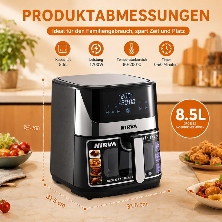 Nirva Heissluftfritteuse 8,5 L, ölfrei, 1700W grosse Airfryer, Rösten, Backen, Air Fry, Antihaftbesc
