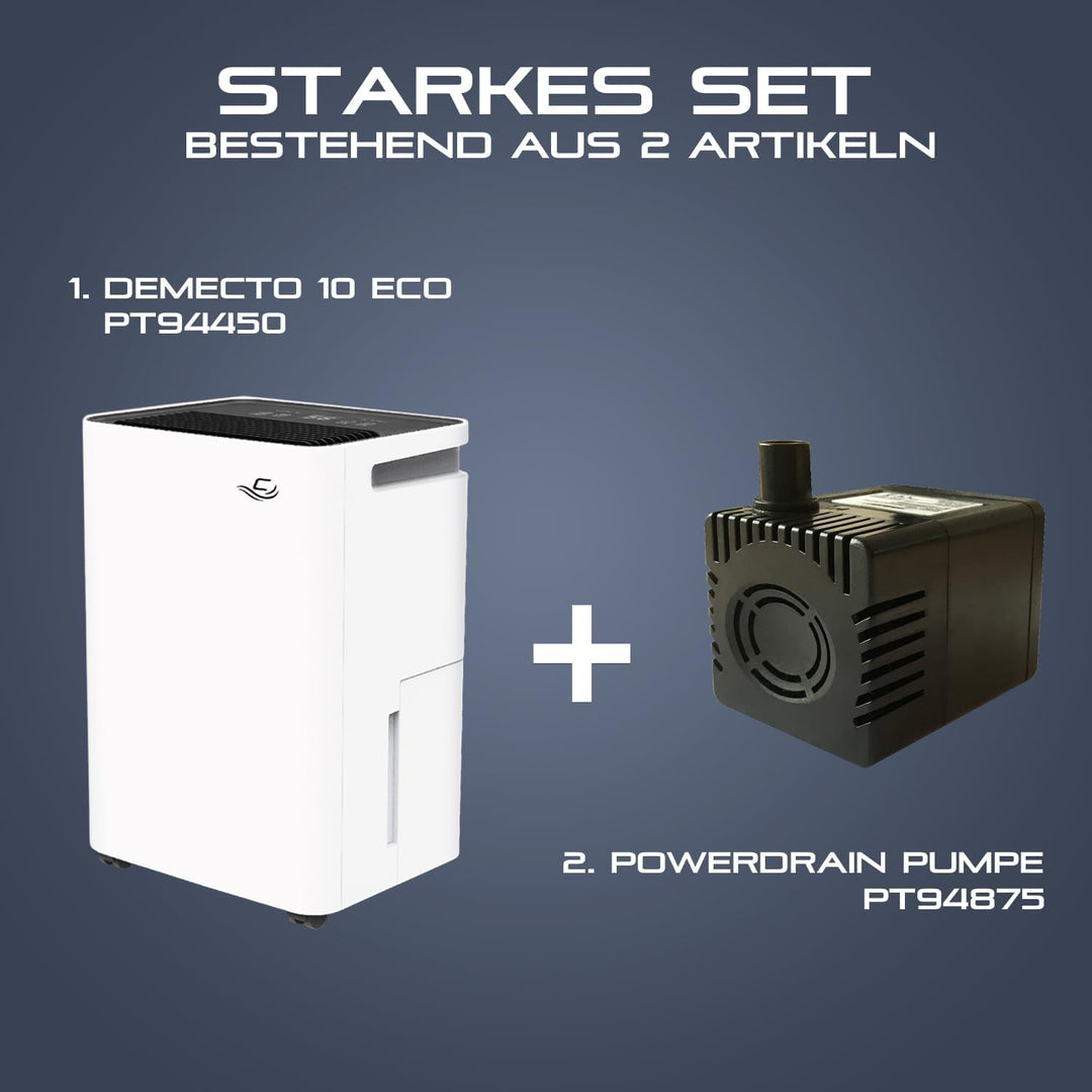 Comedes Demecto 10 eco Luftentfeuchter (10l/24h) + PowerDrain Kondensatpumpe – Geeignet für Wohnräum