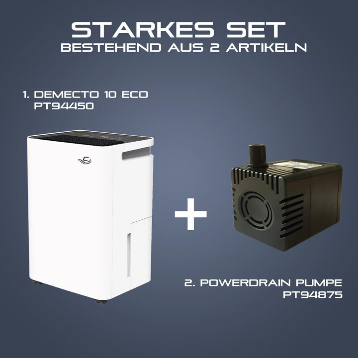 Comedes Demecto 10 eco Luftentfeuchter (10l/24h) + PowerDrain Kondensatpumpe – Geeignet für Wohnräum
