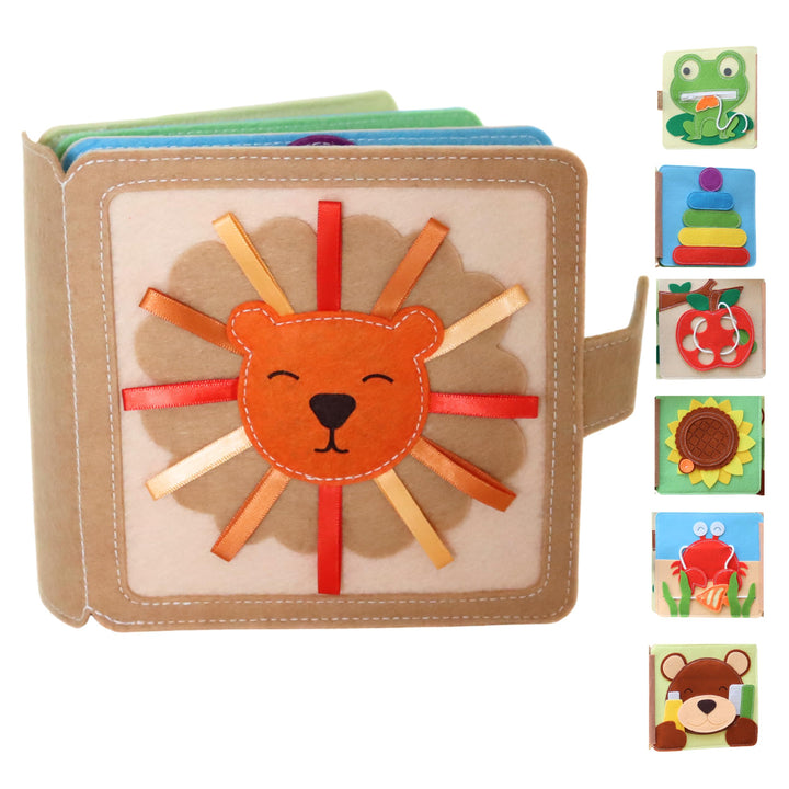 Mini Quiet Book Löwe – Handgefertigtes Filz-Sensorikbuch mit Fühlelementen – Bildschirmfreies Spielz