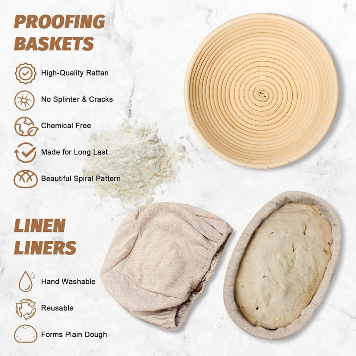 Brot Gärkorb Set, Gärkörbchen zum Brotbacken, 23cm Rund & 25cm Oval Brotkörbchen, 100% natürlichem R