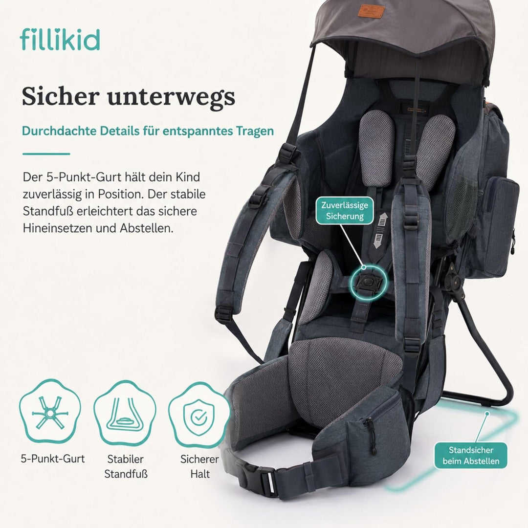 Fillikid Premium Babytrage Rückentrage Baby | Rücken Babytrage mit Sonnendach & grossen Staufächern