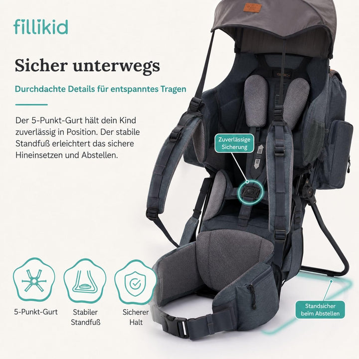 Fillikid Premium Babytrage Rückentrage Baby | Rücken Babytrage mit Sonnendach & grossen Staufächern