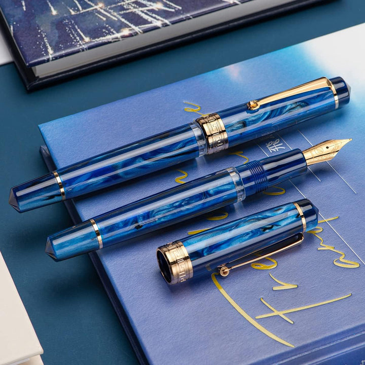 Asvine P20 Kolbenfüllhalter Galaxy Blue Resin, Iridium extra feine Feder Gold Trim Smooth Writer Col