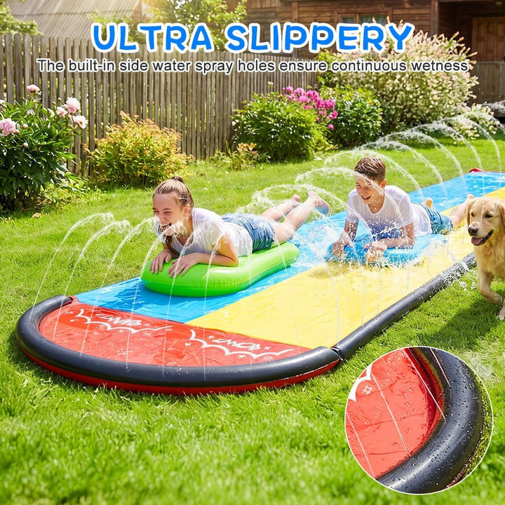 Double Wasserrutsches mit 2 Bodyboards, 19.6ft/600cm Wasserrutsche Garten für Kinder, Wasserrutsche