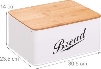 Relaxdays Brotkasten, Brotbox in Retro Design, Bambusdeckel, mit Aufschrift "Bread", Metall, 14 x 30