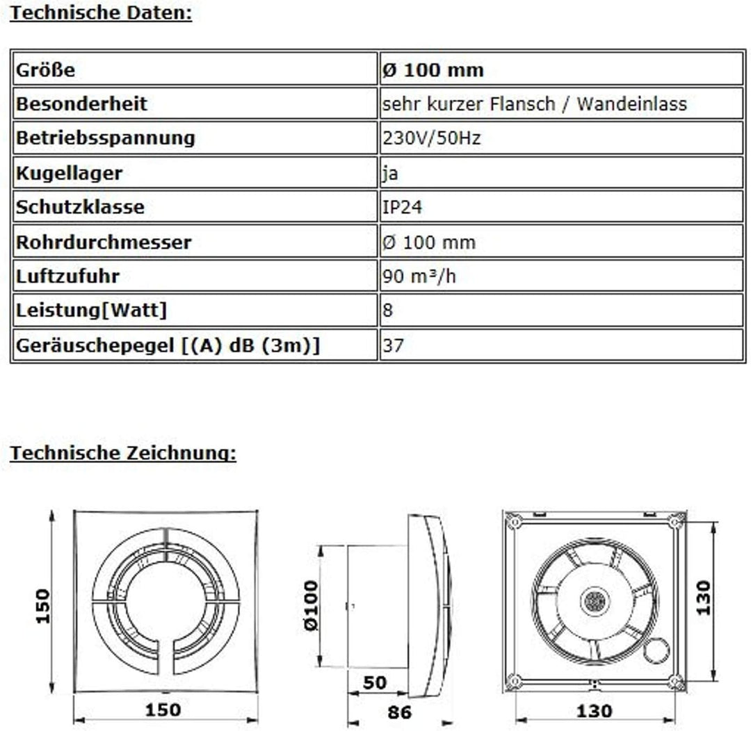 VONLIS Badlüfter Badventilator Lüfter Bad Ventilator Einbautiefe 50 mm kurz Ø 100 mm Standard ja, St