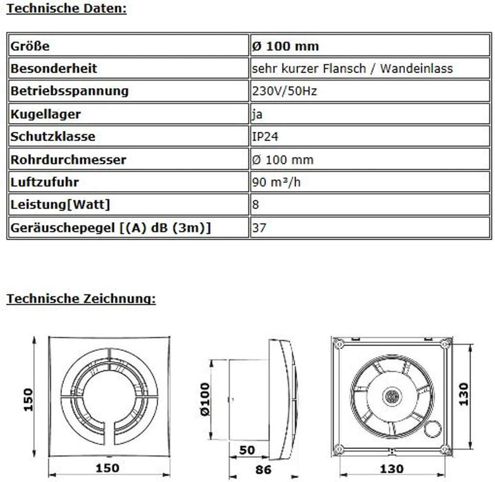 VONLIS Badlüfter Badventilator Lüfter Bad Ventilator Einbautiefe 50 mm kurz Ø 100 mm Standard ja, St