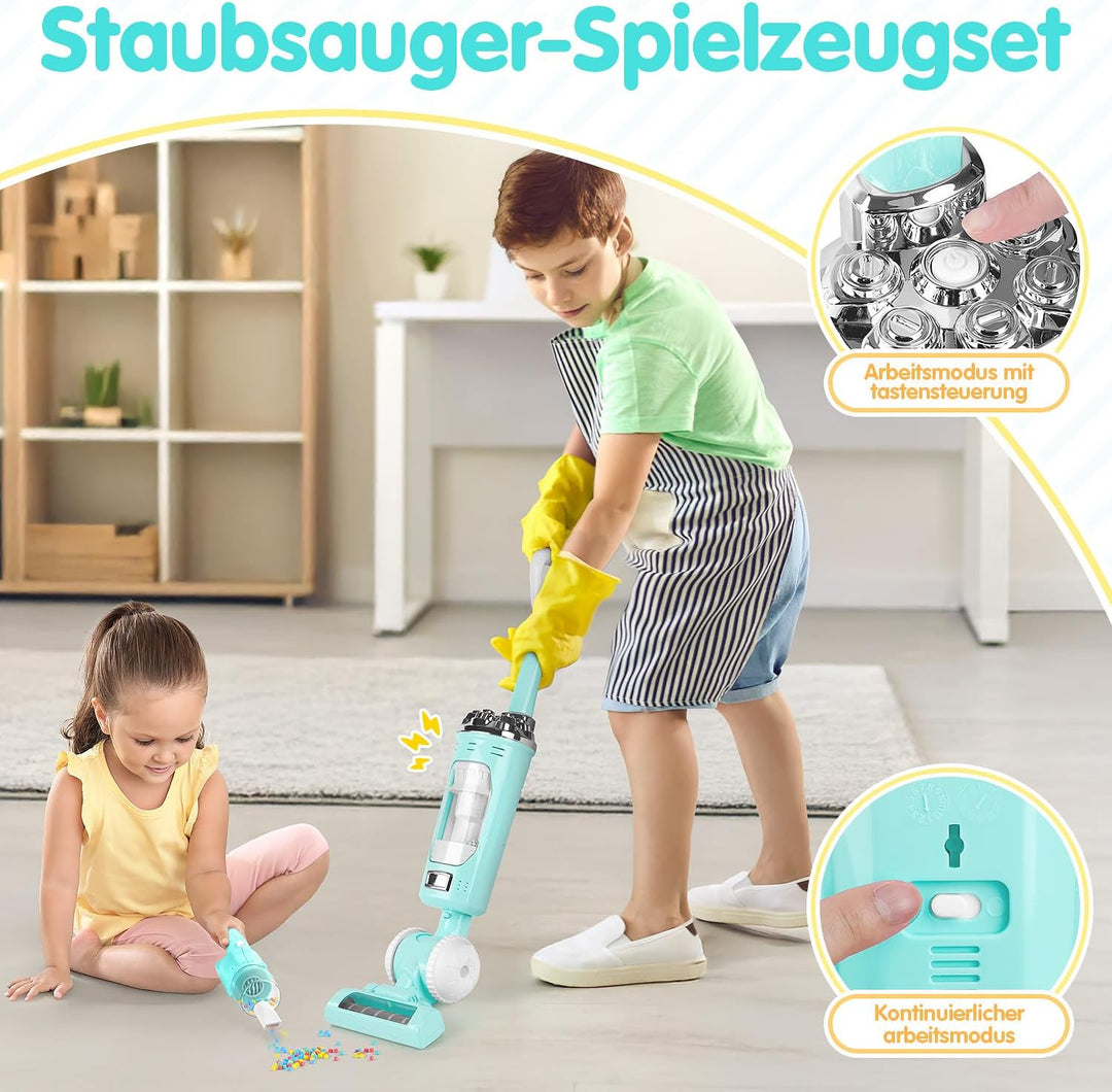 PLAY 2 in 1 Kinder Staubsauger Set, Elektrischer Staubsauger Spielzeug mit Eva-Granulat, Saugen und