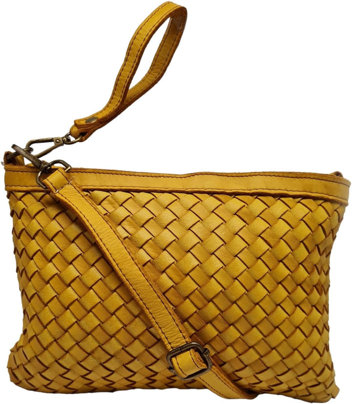 Leder Umhängetasche mit Handgelenkschlaufe, Leder Clutch geflochten,Damen Schultertasche klein, Cros