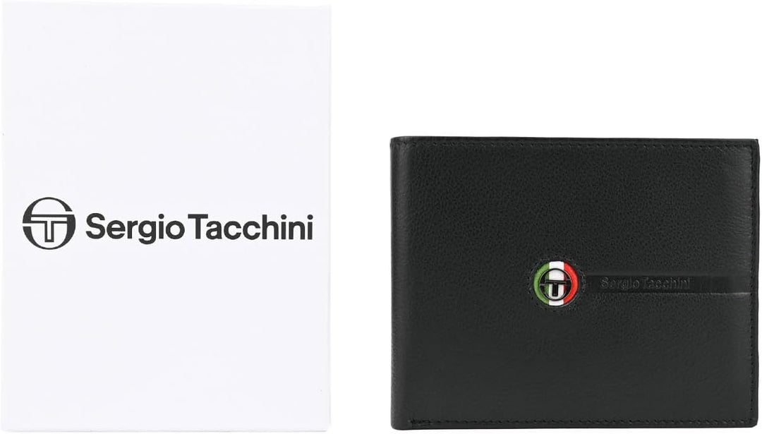 Sergio Tacchini Herren-Geldbörse aus echtem Leder, Schwarz, mit Kartenfach und Geschenkbox 11 x 9 x