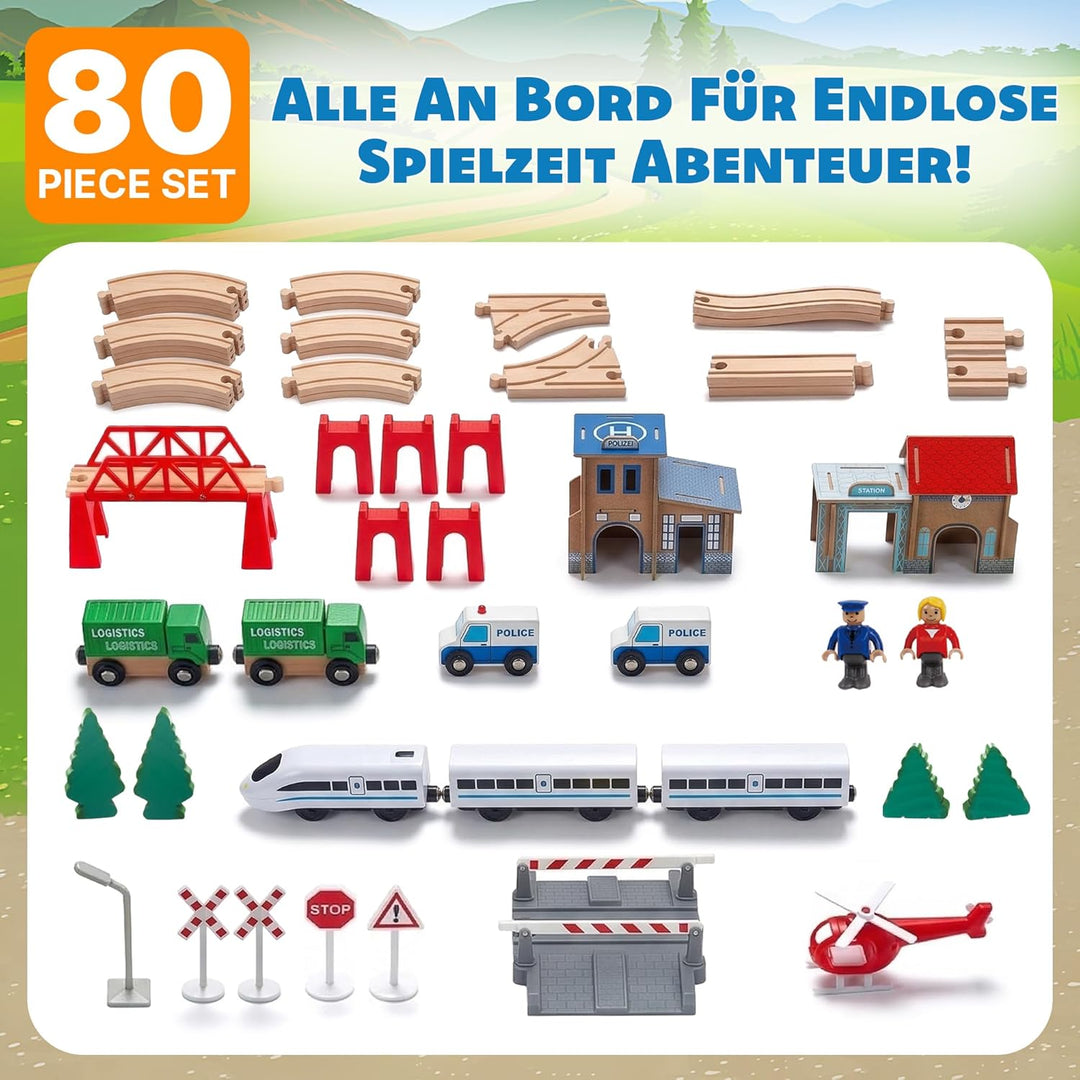 Green series Holzeisenbahn Set für Kinder - Eisenbahn Holz | Spielzeug Zug | Polizeistation, Autobah