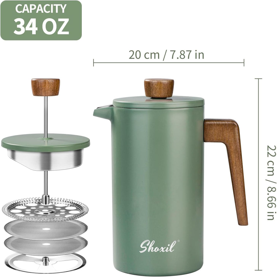 French Press Thermo Kaffeebereiter 1 Liter/8 Tassen, Edelstahl, grüne aus Echtholz, doppelwandig, is