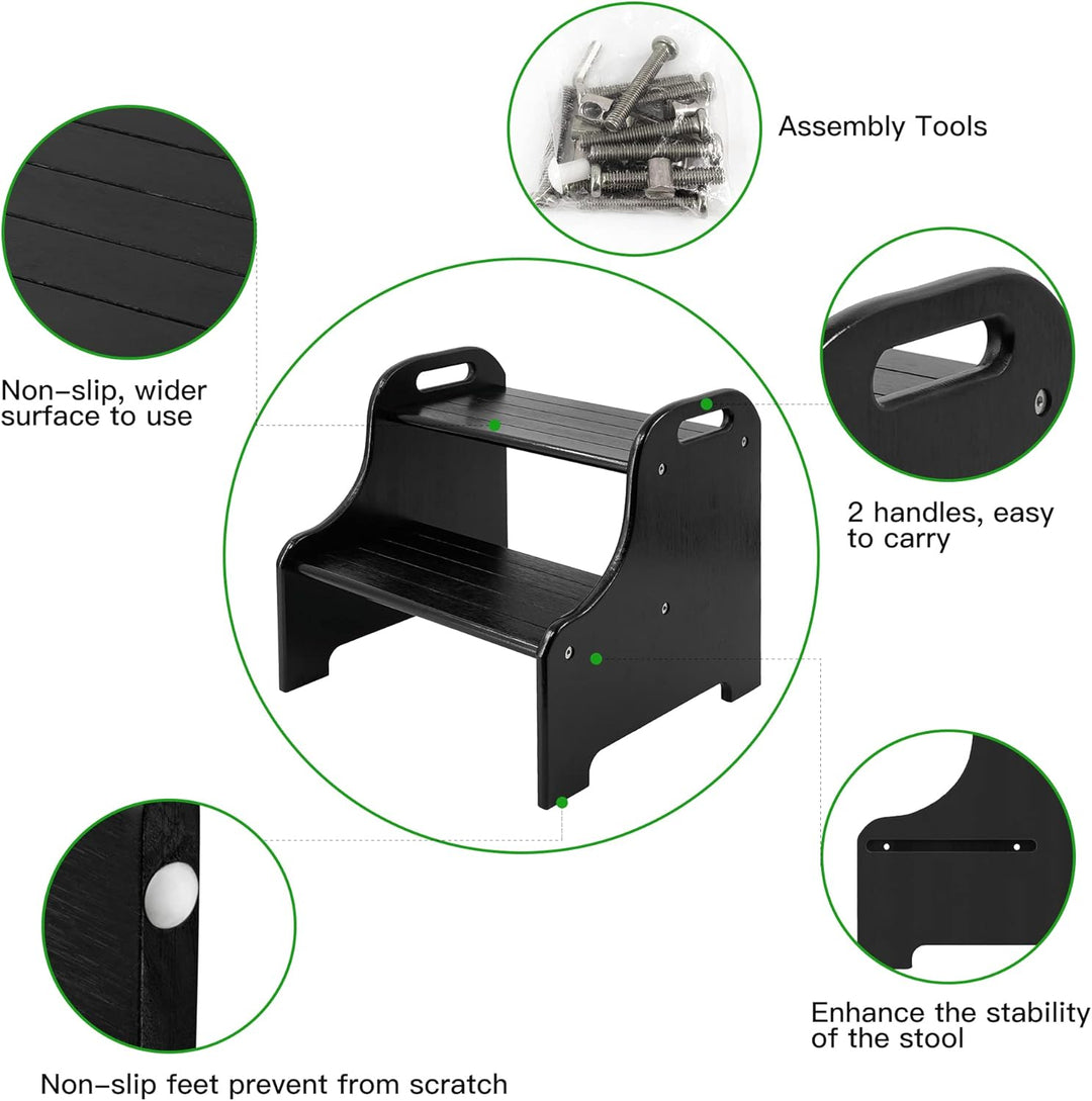 VaeFae 2-Tritthocker aus Bambus, mit rutschfesten Trittstufen und 2 Ausgeschnittenen Griffen, Schwar