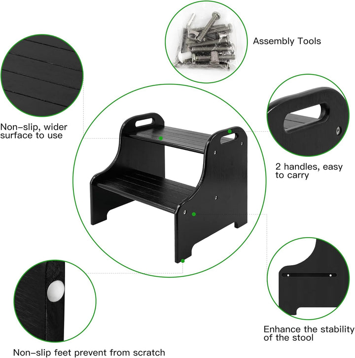 VaeFae 2-Tritthocker aus Bambus, mit rutschfesten Trittstufen und 2 Ausgeschnittenen Griffen, Schwar