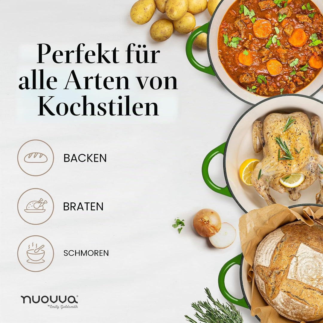 Gusseisen-Schmortopf mit Deckel – Emaille-Topf mit Antihaft, Ofenfest – Grün, 6.9 Liter, 30 cm – von