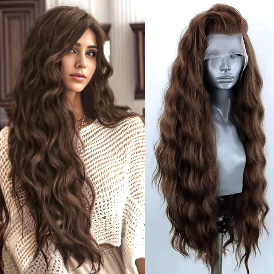 PORSMEER Dunkelbraun Lace Front Perücke Lang Lockige Gewellte Perücke für Damen 13x4 Lace Front Glue