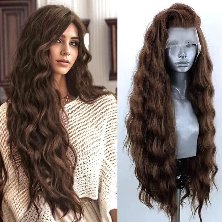 PORSMEER Dunkelbraun Lace Front Perücke Lang Lockige Gewellte Perücke für Damen 13x4 Lace Front Glue