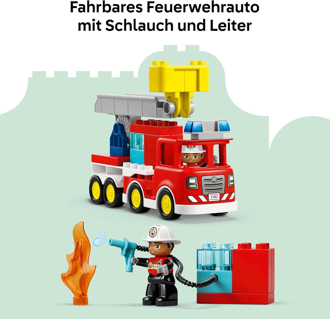 LEGO DUPLO Town Löschauto mit Schlauch und Feuerwehrmann- Lernspielzeug für Motorik - Rotes Feuerweh