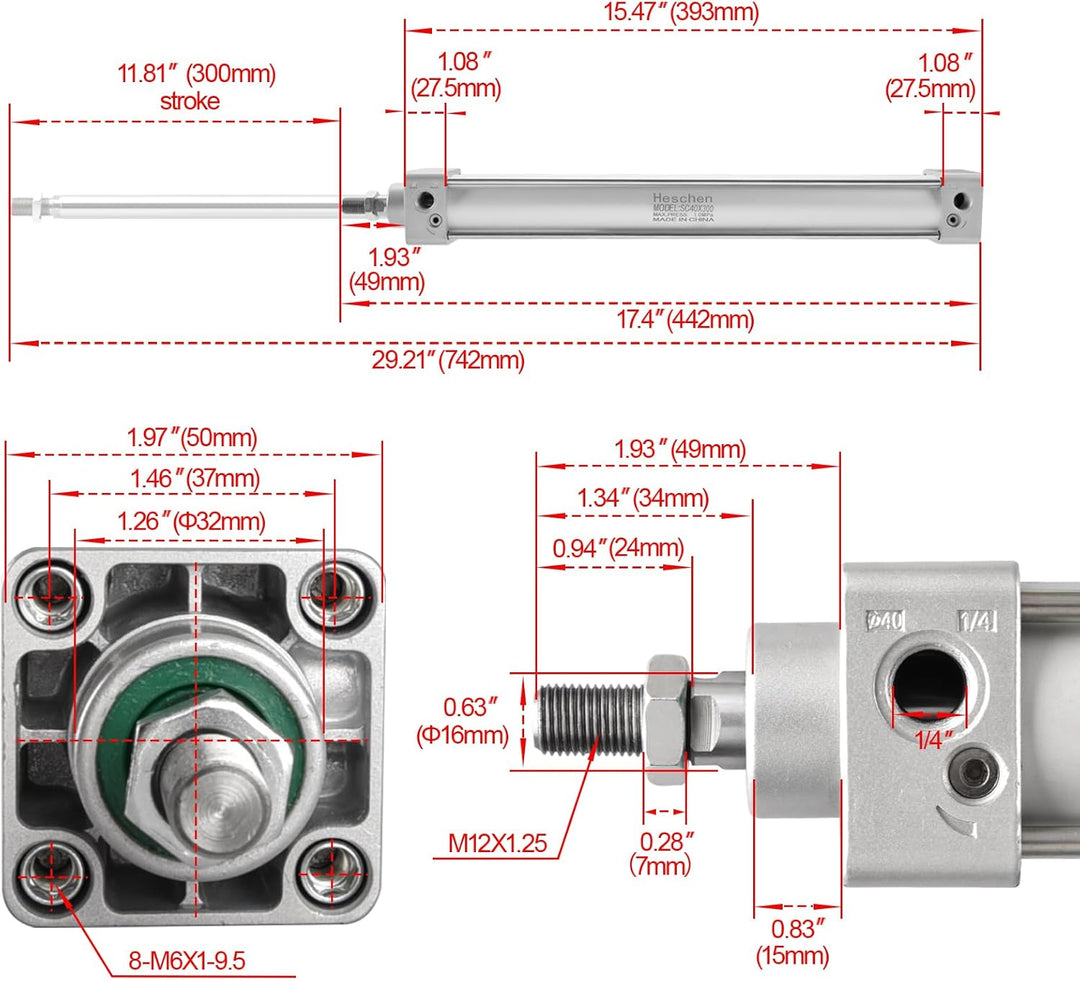 Heschen Pneumatischer Standard-Luftdruckzylinder, SC 40-300, PT1/4 Anschluss, 40mm Bohrung, 300mm Hu