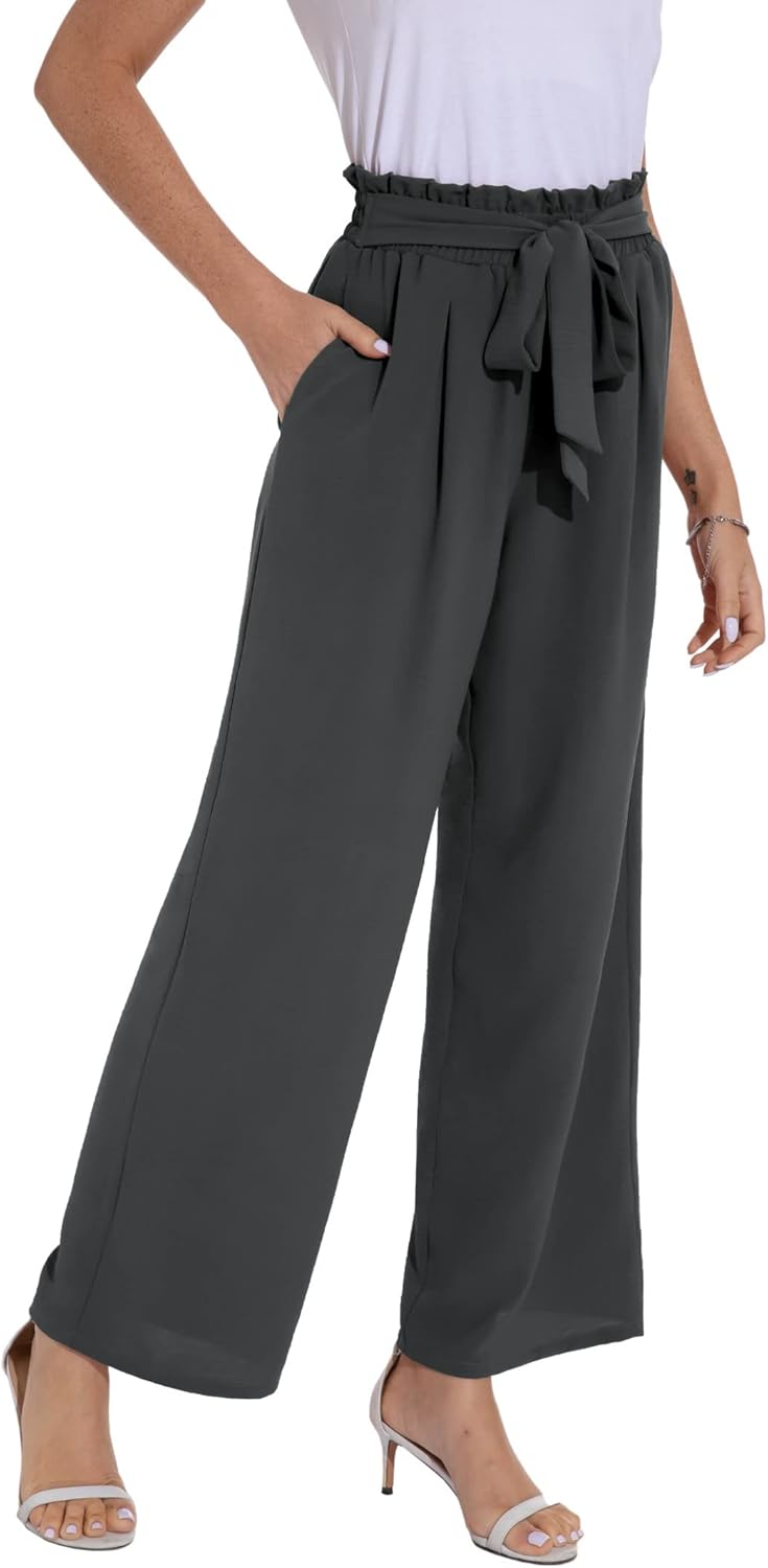 PrinStory Damen Hose Mit Weitem Bein Leichte Elastische Taille Sommer Hose Mit Taschen Kausale Arbei